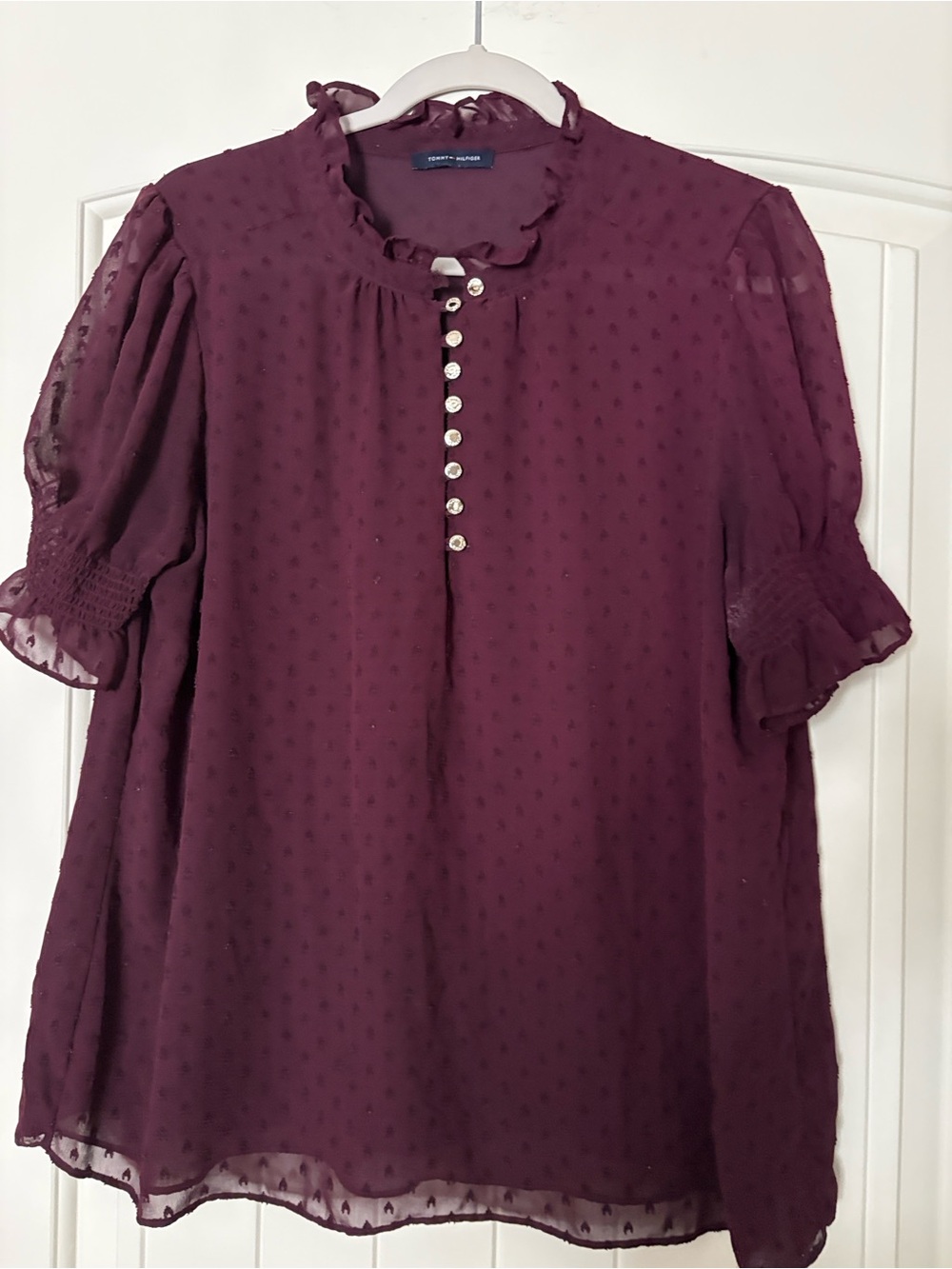 Tommy Hilfiger Plum Sheer Dot-Texture Ruffle Button Blouse